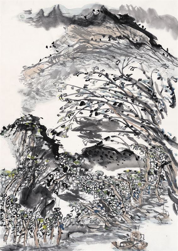 Boats Moored at the Willow Bank — ink landscape by Ewen Wang