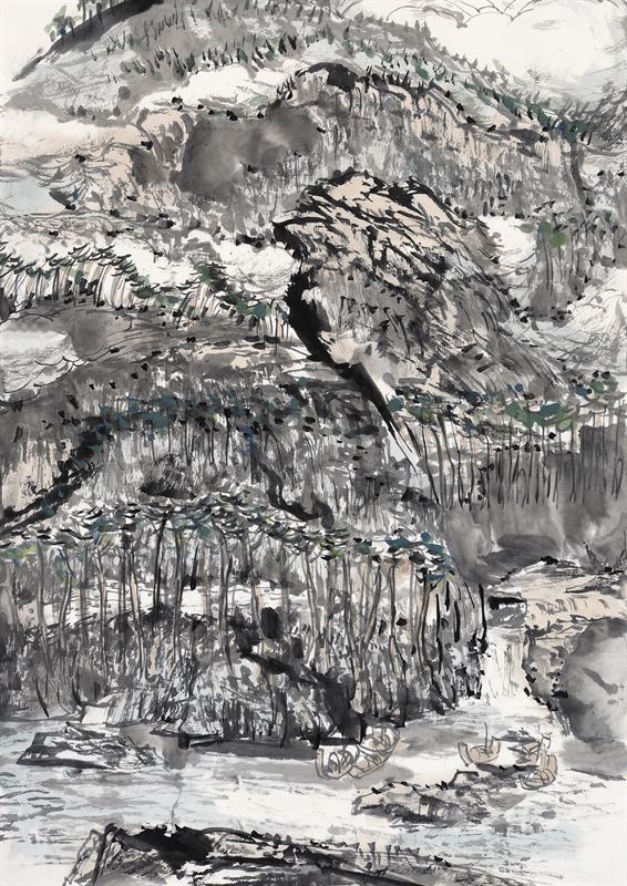 Ferry Beneath the Cliff — ink landscape by Ewen Wang