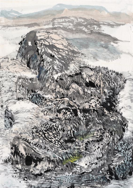 Distant Peaks, Gathered Green — ink landscape by Ewen Wang